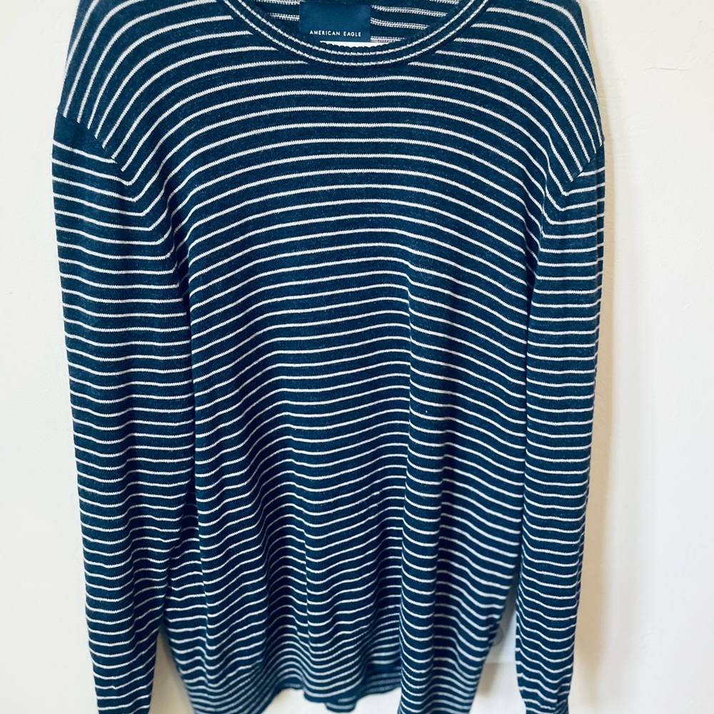 American Eagle Outfitters Men's Crewneck Sweater - Navy and White Stripes